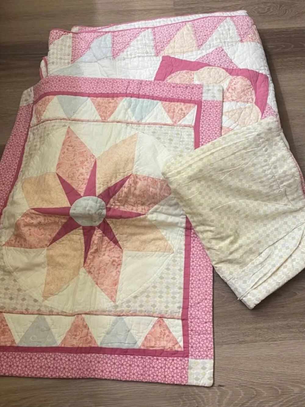 Vintage 1920 Reversible Floral & Pinwheel Star Coverlet Quilt/Pillow Set 85X85